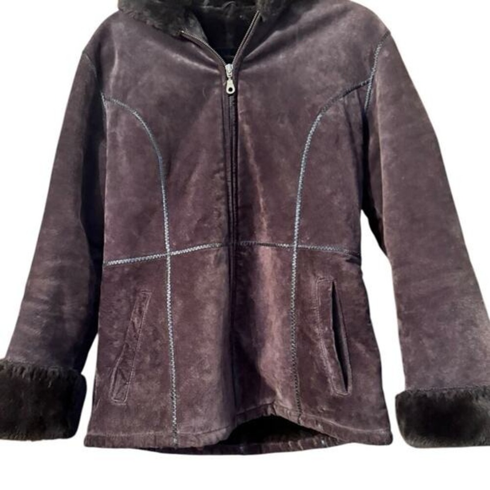 Brown Suede Hooded Coat Jacket with Faux Fur Trim, Women's